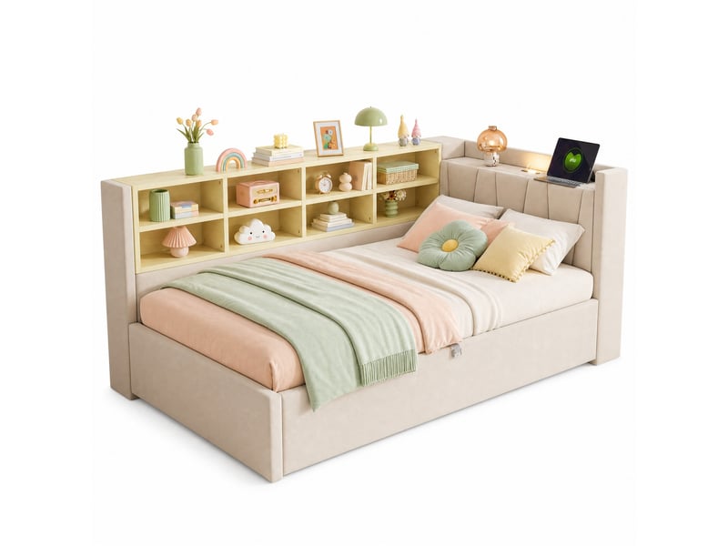  Lit coffre 1 place en velours avec rangement hydraulique, usb, type-c et éclairage, 200 x 90 cm, sans matelas  - Conforama A