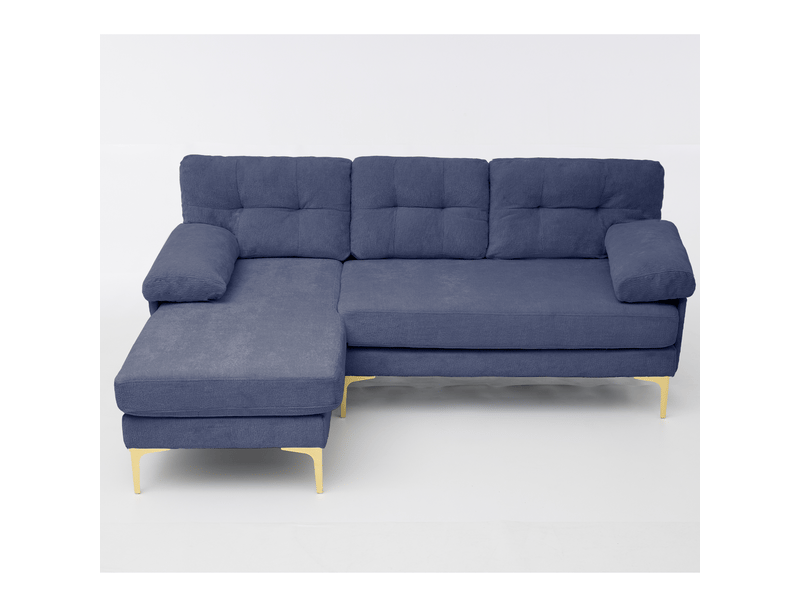 Canapé d’angle 3 places bleu en tissu chenille, méridienne réversible gauche ou droite, coussins rembourrés et pieds en métal - Conforama A