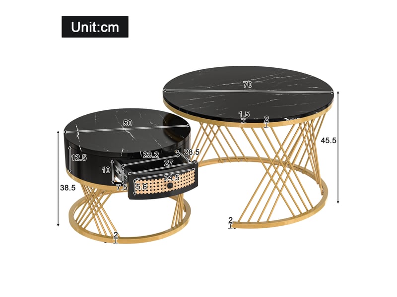  Table basse ronde 2-en-1 70x70-50x50 cm, plateau effet marbre, tiroirs rotin, poignées bois, pieds dorés, mdf noir  - Conforama C