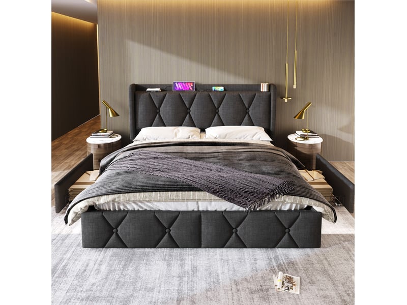  Lit 2 places 160x200 cm, sans matelas, lin gris, port usb, sommier à lattes, tête de lit, doté de 4 tiroirs  - Conforama E