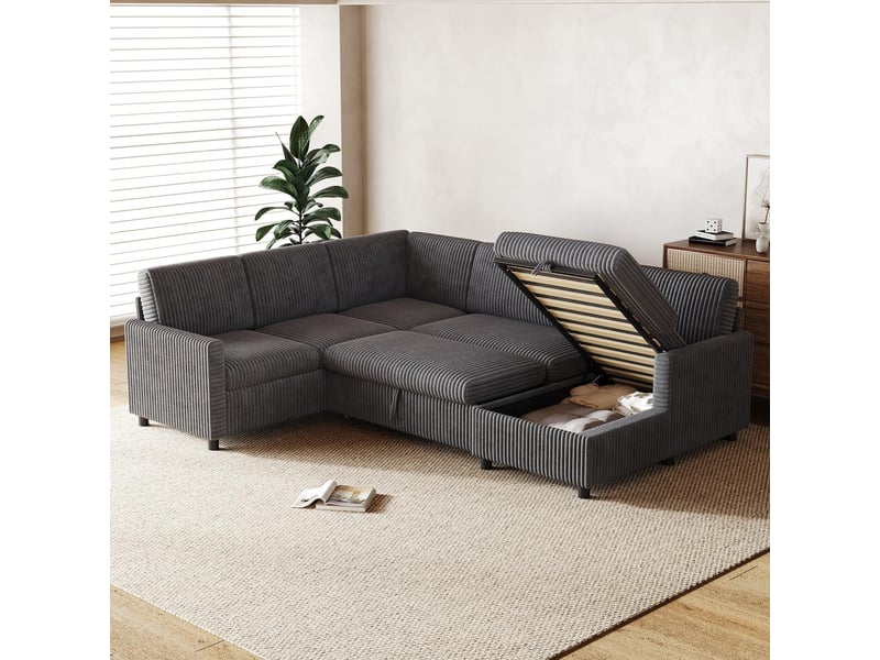  Canapé d'angle convertible en u 5 places en cordonnet gris avec coffre intégré sous méridienne  - Conforama R