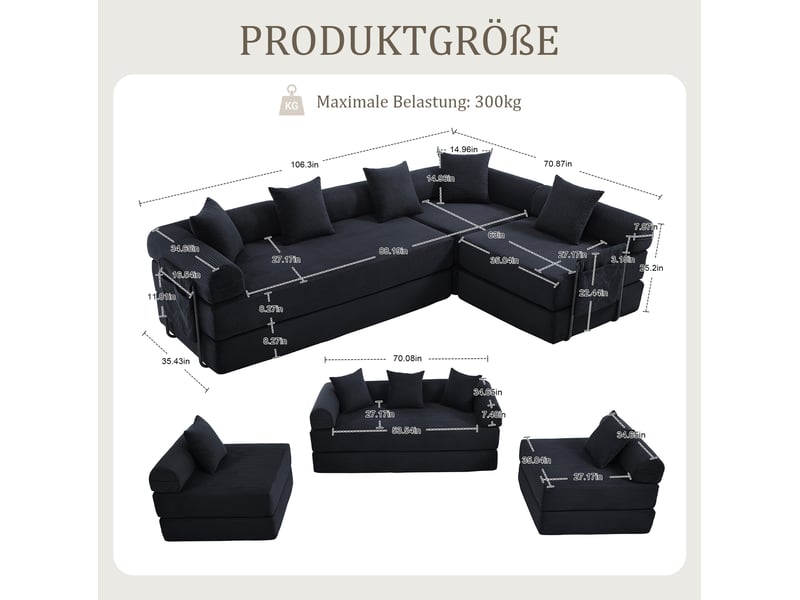  Canapé d’angle modulable convertible 4 places en velours côtelé noir 270 x 180 x 64 cm  - Conforama E