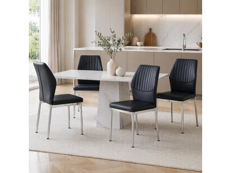  Lot de 4 chaises de salle à manger 43x42,6x93 cm, dossier rainuré et ergonomique, hydrofuge antitache, pu, noir+argenté  - Conforama B