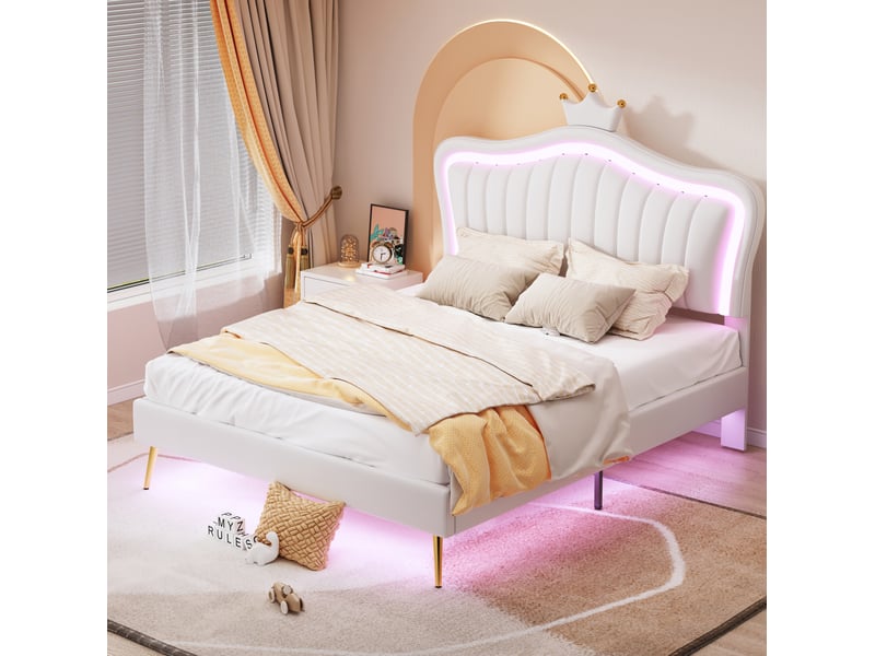 Lit enfant 140 x 200 cm avec sommier, éclairage led, tête de lit couronne blanche - Conforama B