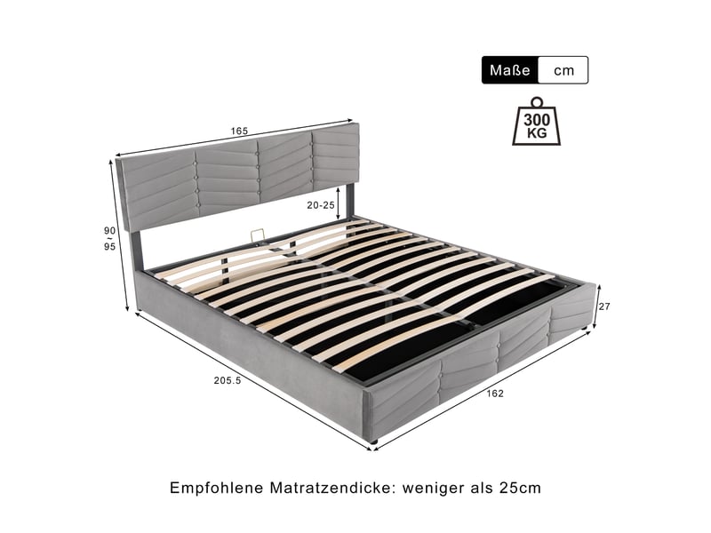  Lit 160x200 cm tête relevable hydraulique style continental capitonné velours rayé gris  - Conforama C