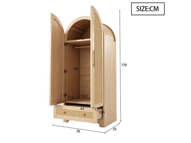 Armoire 2 portes 70x55x170 cm, façades effet rotin, coloris bois  - Conforama E
