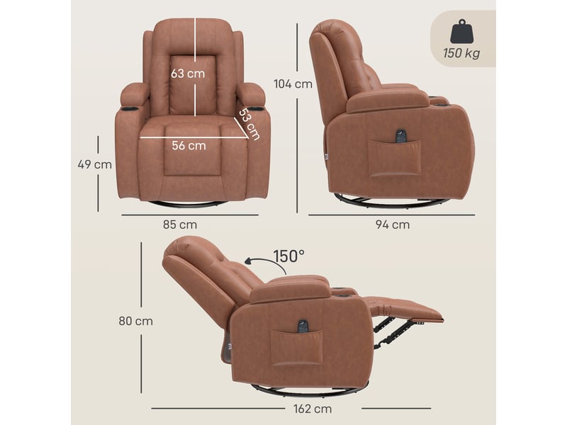 Fauteuil de massage chauffant inclinable repose-pieds ajustable télécommande marron clair - Conforama C