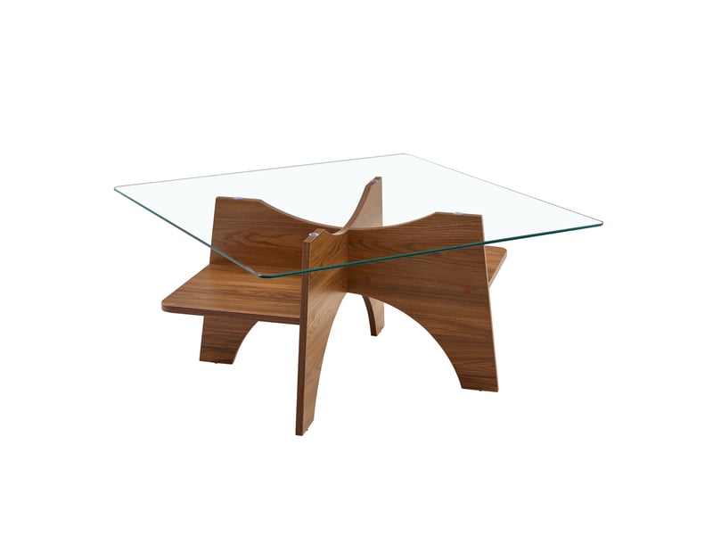  Table basse carrée avec étagère pour salon, verre et mdf 80×80×40 cm finition noyer  - Conforama D