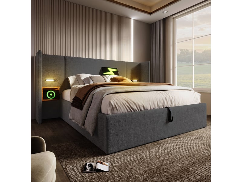  Lit coffre 160 × 200 cm 2 places avec étagères, lampe tactile, usb et type-c, matelas inclus, en tissu gris  - Conforama C