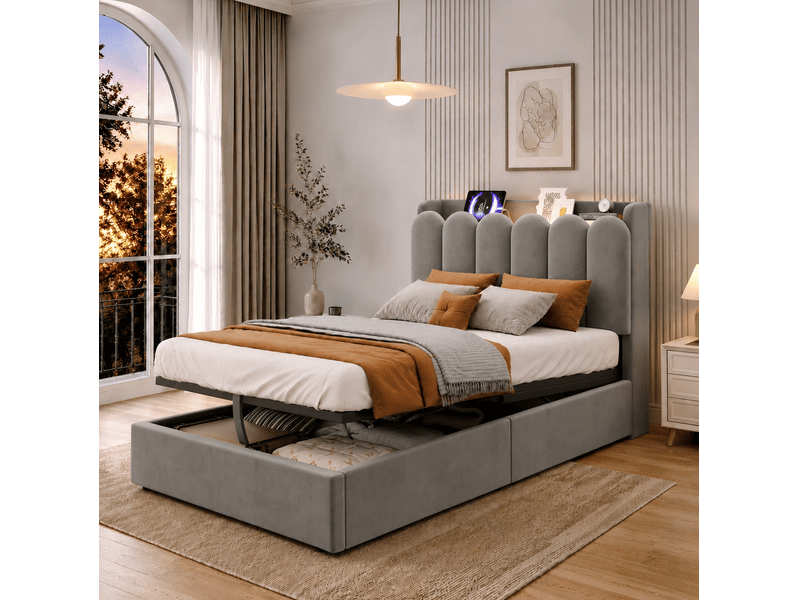  Lit enfant 90x200 cm en velours gris avec rangement, usbtype-c et liseuse  - Conforama D