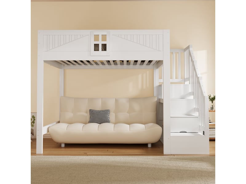 Lit mezzanine 140 × 200 cm 2 places avec escalier de rangement et barrières, sans matelas, en bois blanc  - Conforama C