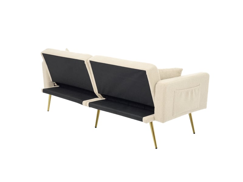  Canapé droit convertible 2 places 175 cm beige en sherpa, dossier 3 positions, poches latérales et pieds dorés Fay Lum - Conforama D
