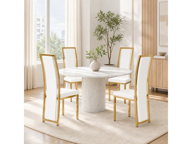  Lot de 4 chaises de salle à manger 109 cm, métal doré, pu blanc, moderne, assise confort, dossier courbé, chaise de cuisine  - Conforama B