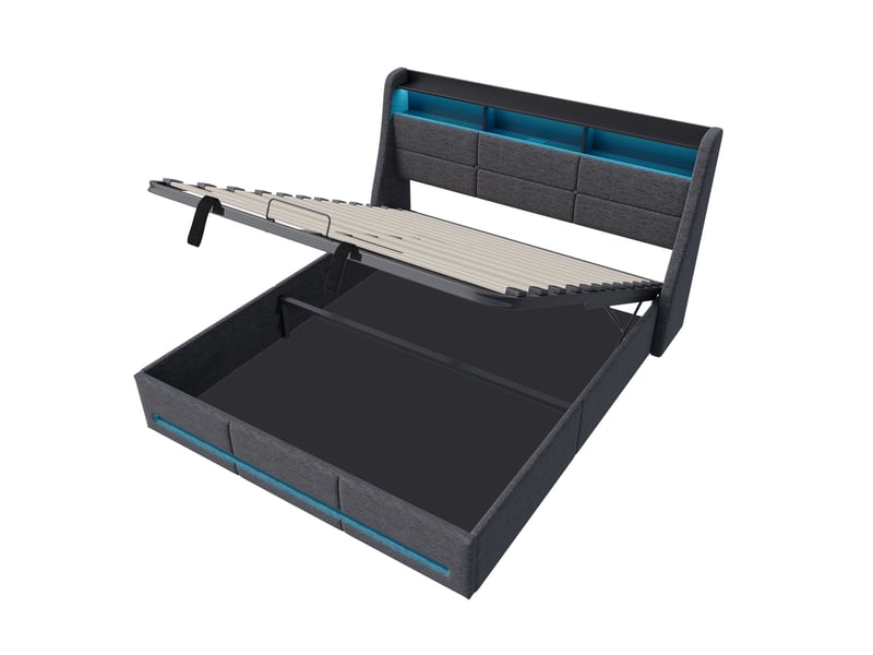  Lit coffre 140x200 cm avec led, lit 2 places avec sommier à lattes, lit double rembourré lit adulte avec tête de lit, port usb, tissu en lin, gris, sans matelas  - Conforama W