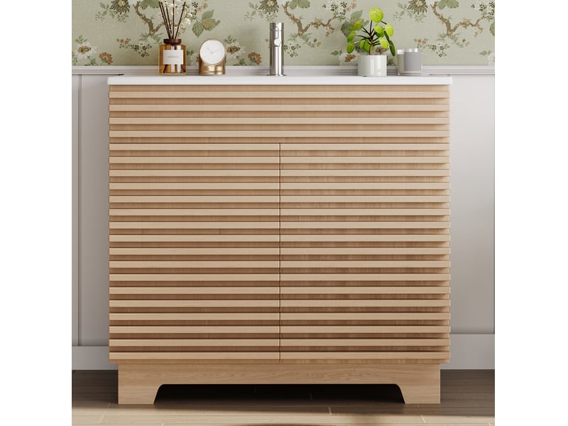 Meuble sous-vasque 91x46x80 cm – naturel – vasque céramique intégrée, portes soft-close et rangements - Conforama E