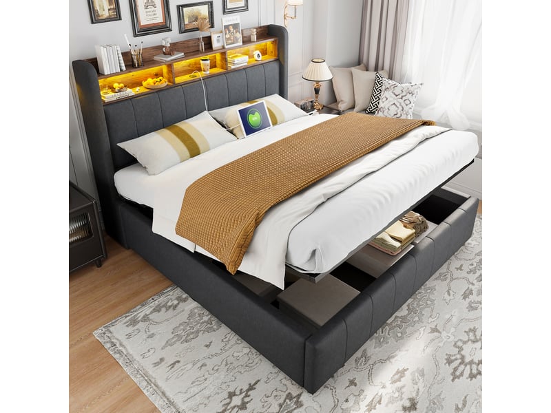  Lit capitonné 160 x 200 cm gris en lin, led multicolore, usb et type-c, coffre hydraulique, sans matelas  - Conforama D