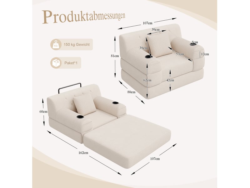 Canapé-lit tcqpz 1 place 107 x 80 x 81 cm convertible en couchage 162 cm velours côtelé beige - Conforama C