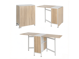 Table de salle à manger pliante avec 4 niches de rangement, plateau rabattable en mdf et acier blanc chêne clair