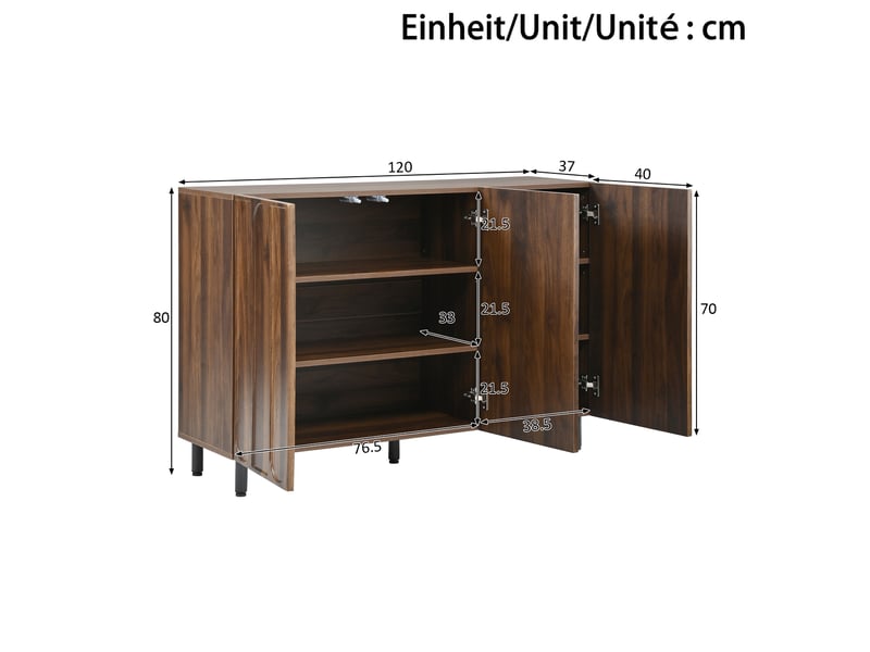  Meuble à chaussures - 120x40x80cm - buffet 2-en-1, 3 portes avec motifs en arc &amp; charnières amorties - noyer  - Conforama E