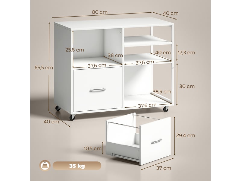  Meuble pour imprimante à roulettes, table d'imprimante avec étagères ouvertes et tiroir à documents, format a4, blanc  - Conforama E