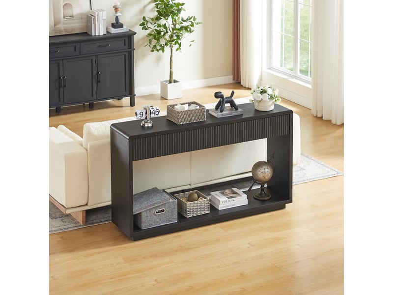  Console avec 2 tiroirs et 1 niche ouverte, rangement, style moderne, pour entrée et salon, 150×35×85 cm, noir  - Conforama B