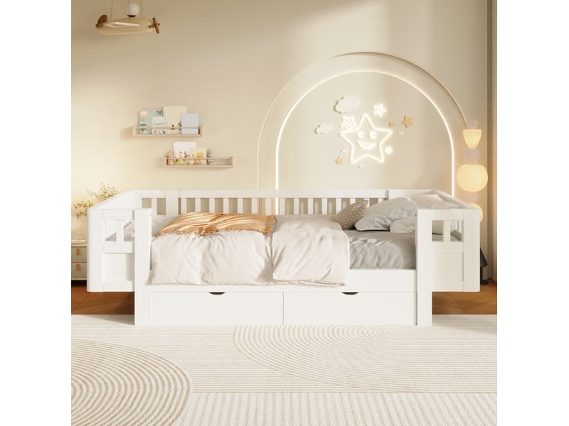 Lit plateforme 90x200 cm barrières hautes, 2 tiroirs, sommier à lattes, bois et mdf, blanc, sans matelas - Conforama E