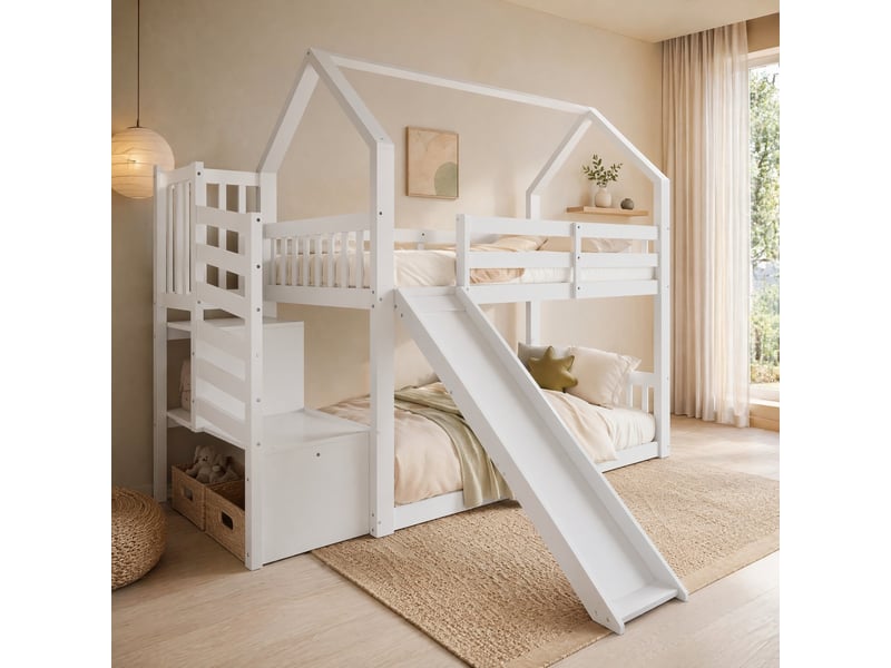  Modenvie lit mezzanine enfant 90x200 cm - avec toboggan, escalier de rangement, sans matelas - blanc  - Conforama E