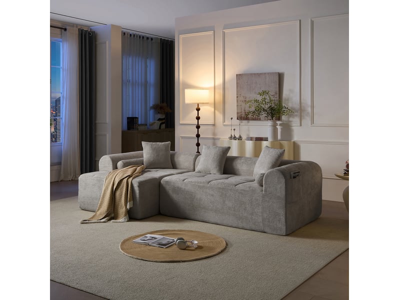  Canapé d'angle modenvie 4 places en chenille gris clair, méridienne gauche, 263 x 132,5 x 68 cm  - Conforama E