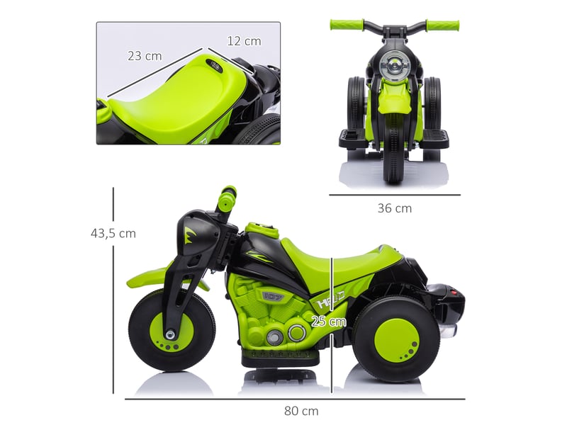  Moto électrique enfants 2-5 ans, 3 roues, 6 v, 3 kmh, avec fonction de bulles, effets lumineux et sonores, vert  - Conforama E