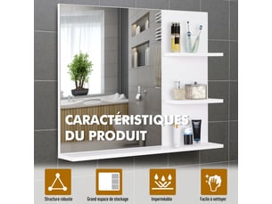 Miroir de salle de bain avec étagères - 2 étagères latérales + grande étagère inférieure - mdf blanc - kit installation fourni