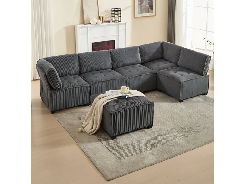  Canapé modulable 6 places 308 cm en velours côtelé avec poches latérales, configuration ul ou couchage, structure bois et métal, gris  - Conforama B