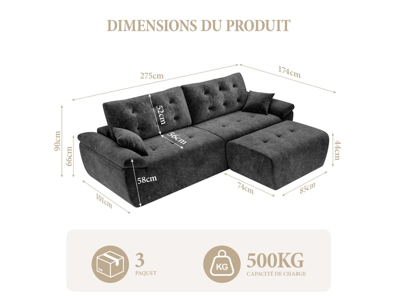  Canapé modulable en chenille gris mousse haute densité avec pouf,canapé salon 275cm style nuage confortable,compressé sans montage 275x174x66CM - Conforama E