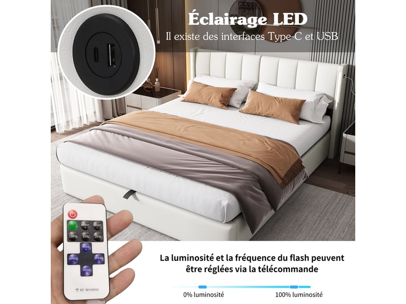  Lit rembourré 140x190 cm avec coffre hydraulique, éclairage led, usb et tête de lit réglable, pu blanc  - Conforama D