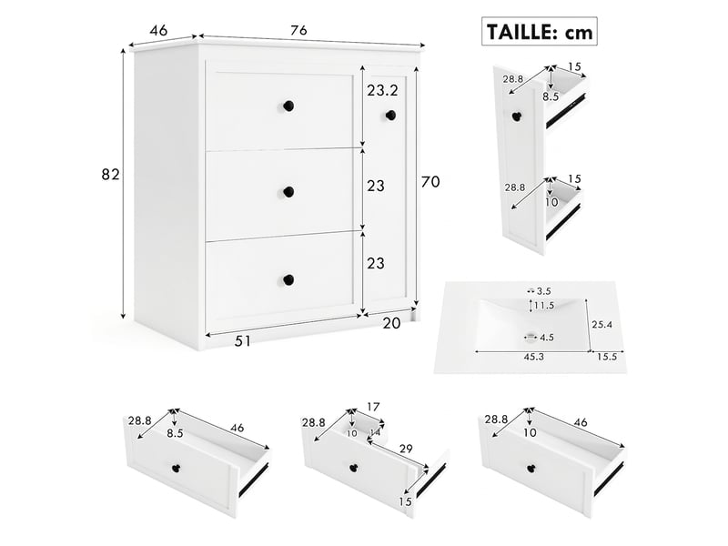 Meuble salle de bain sur pied 76 cm avec lavabo en céramique intégré et 4 tiroirs blanc - Conforama E