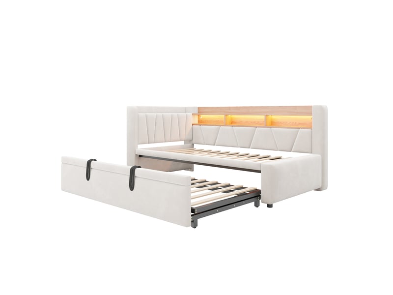  Lit banquette extensible 90 à 180 × 200 cm en velours beige, usb et led IKSETERA TRADING LTD - Conforama R