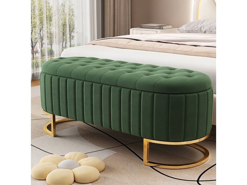  Banc de rangement vert 120x40 cm en velours avec coffre et pieds en métal  - Conforama B