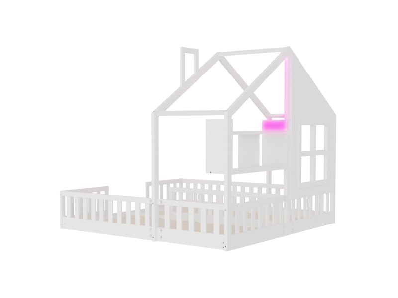  Lit cabane enfant 2 x 90x200 cm – blanc – led, étagères, barrières et sommiers à lattes - sans matelas  - Conforama D
