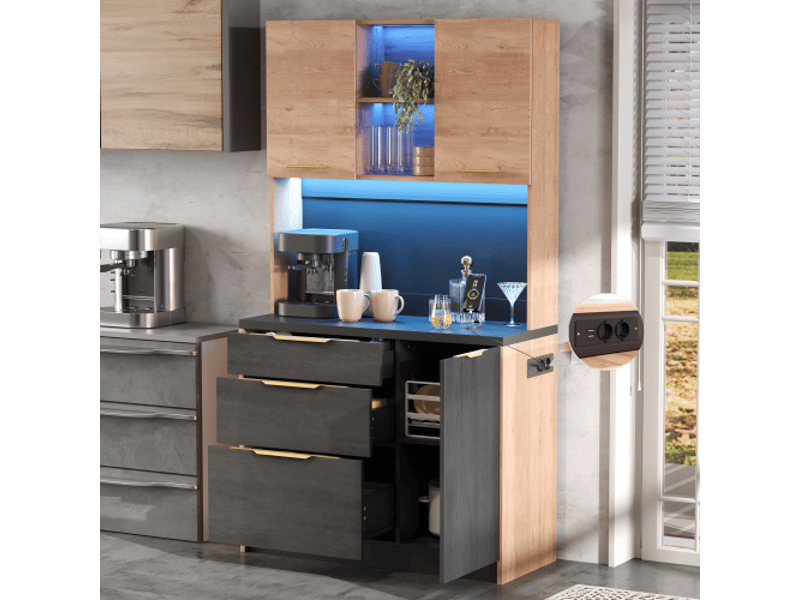  Colonne haute de cuisine élégante 100×40×180 cm – look béton, plan noir, led réglables, prise européenne  - Conforama D
