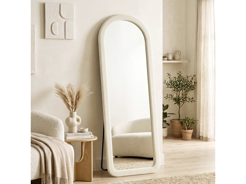  Miroir de sol arqué pleine longueur 160x60cm, grand miroir sur pied ou mural, cadre effet velours, verre trempé, crème  - Conforama A