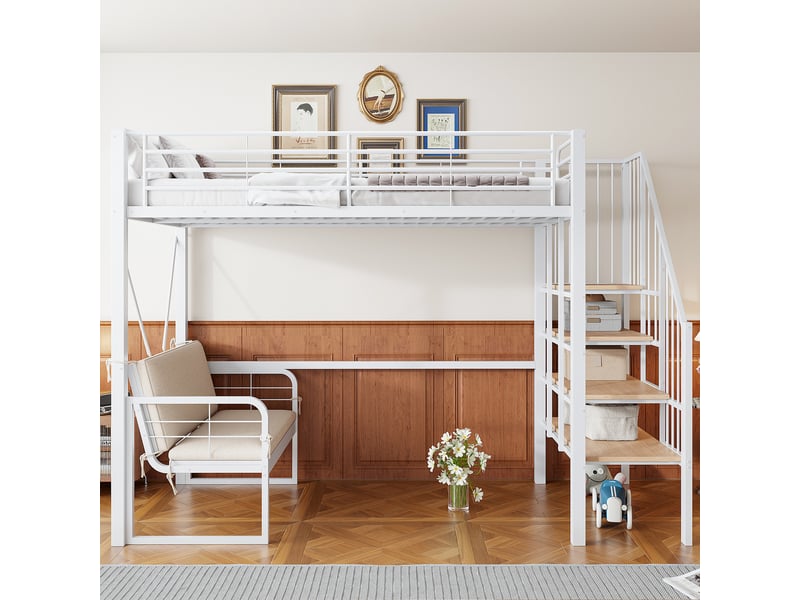 Lit superposé 90x200, lit mezzanine avec canapé déhoussable et escalier de rangement, cadre en métal blanc pour enfants et adultes  - Conforama B