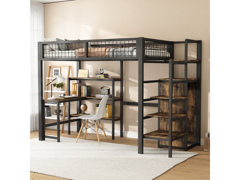  Lit mezzanine enfant 90 x 200 cm - lit simple avec bureau et placard de rangement - cadre métallique stable et sécurisé - sans matelas - noir  - Conforama B