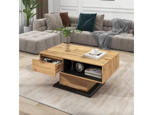 Table basse, finition chêne élégante, rangement intégré, tiroir sans poignée, espace de stockage double face