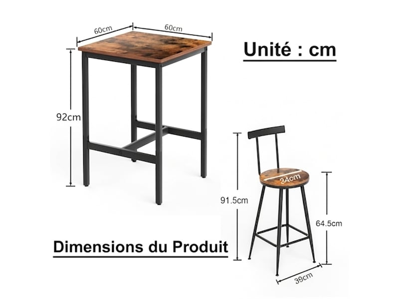  Ensemble table de bar 60x60x92 cm et 2 tabourets avec dossier, style industriel marron rustique  - Conforama C