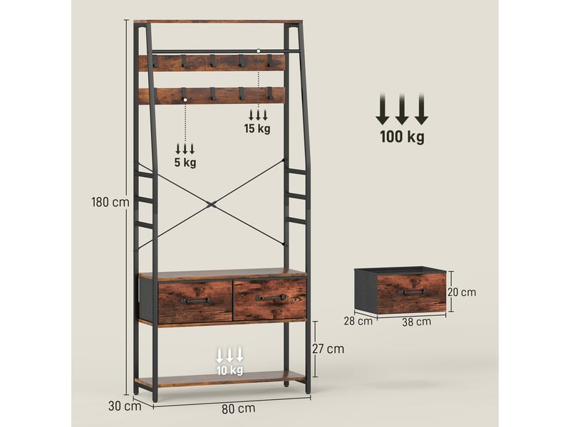 Meuble d'entrée 6 en 1 portemanteau tringle à vêtements étagère 10 crochet 2 tiroirs 80 x 30 x 180 cm brun rustique - Conforama C