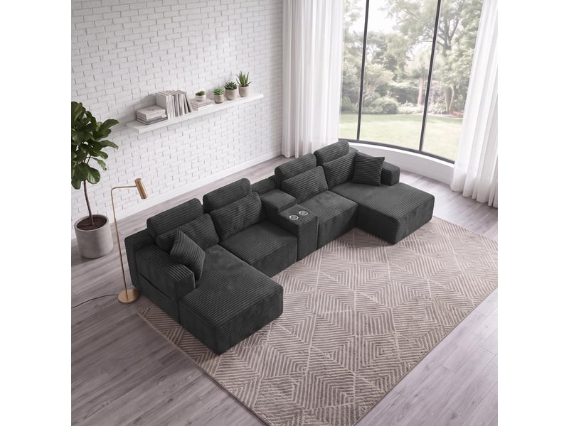  Canapé panoramique en u - 373x150x81cm - canapé modulaire velours côtelé avec porte-gobelets, assise profonde - gris  - Conforama D