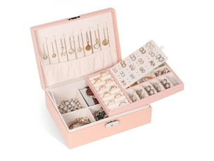 Boîte à bijoux pour femme, coffret à bijoux en cuir verrouillable de 2 couches organisateur à bijoux, petit jewelry stockage cas rangement(rose)