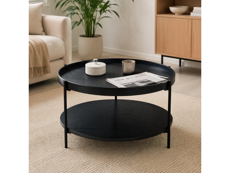  Table basse ronde avec 2 plateaux de rangement, style moderne, en bois et métal noir, noir, 69 × 69 × 38 cm  - Conforama C