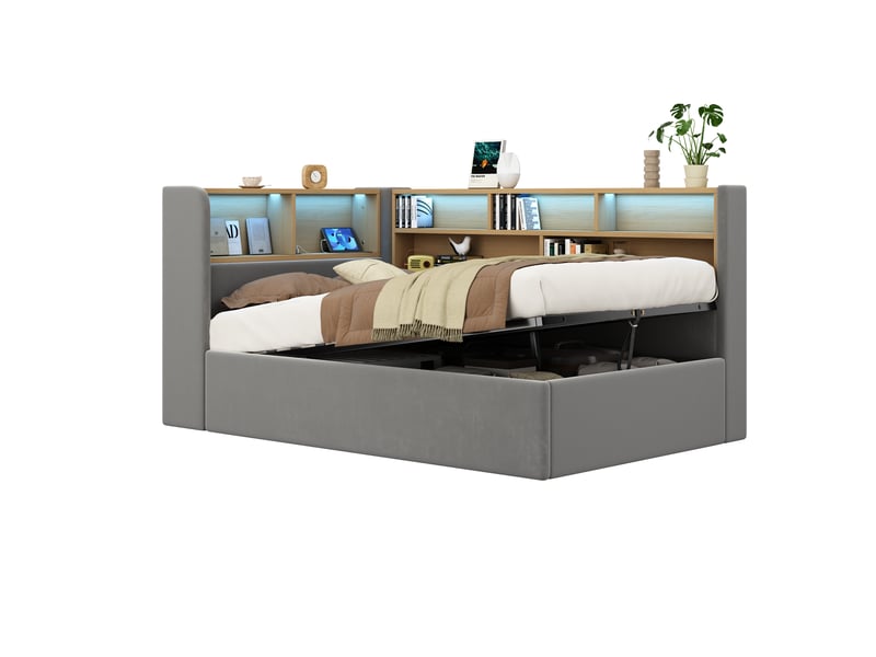  Lit banquette coffre 90x200 cm avec rangement hydraulique, led, usb et usb-c, tête de lit avec étagères, sommier à lattes, velours, gris  - Conforama A