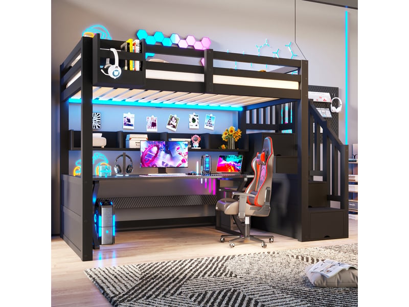  Lit mezzanine enfant 90x200 cm avec escalier et placard de rangement, 4 compartiments, led, pin et mdf, noir OMNIGLINT TRADING LTD - Conforama B