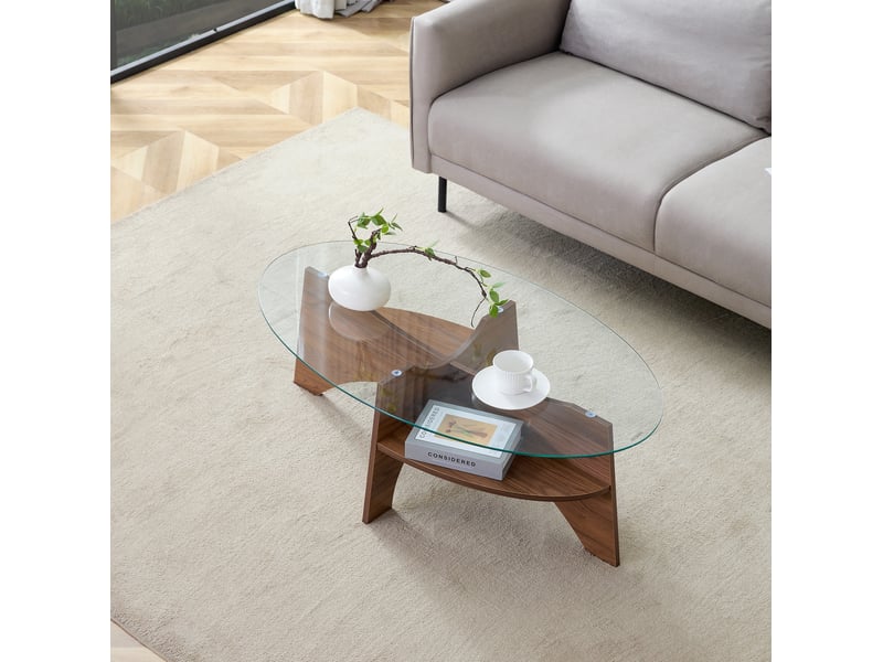  Table basse ovale avec étagère de rangement, plateau en verre de sécurité et supports effet noyer pour salon  - Conforama C